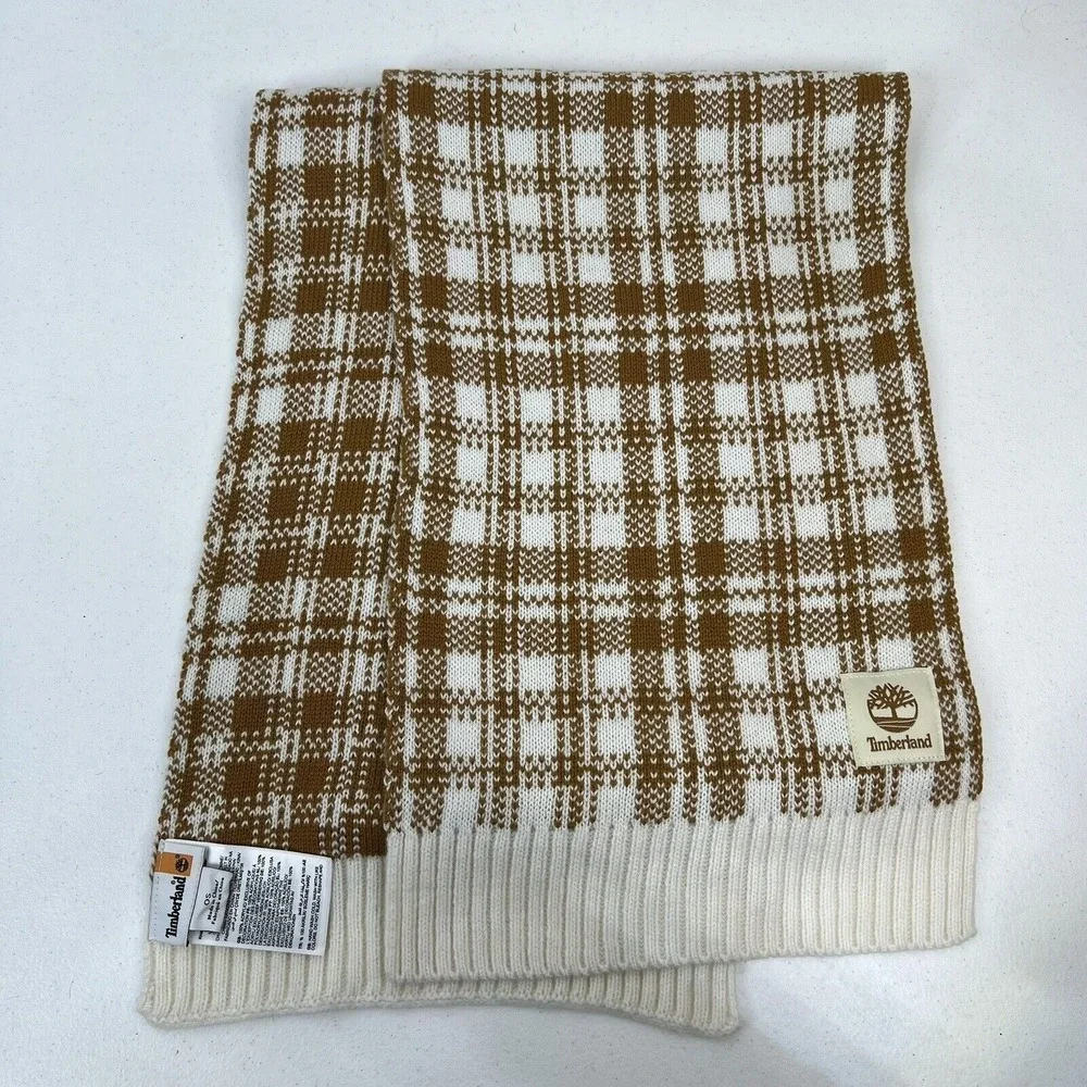 Timberland Scarf Knit Plaid Tan White Acrylic Winter Outdoor Logo Patch Street